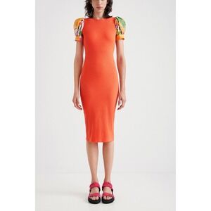 Desigual Back Neckline Midi Dress Medium Orange Ribbed Knit Patchwork Maximalist
